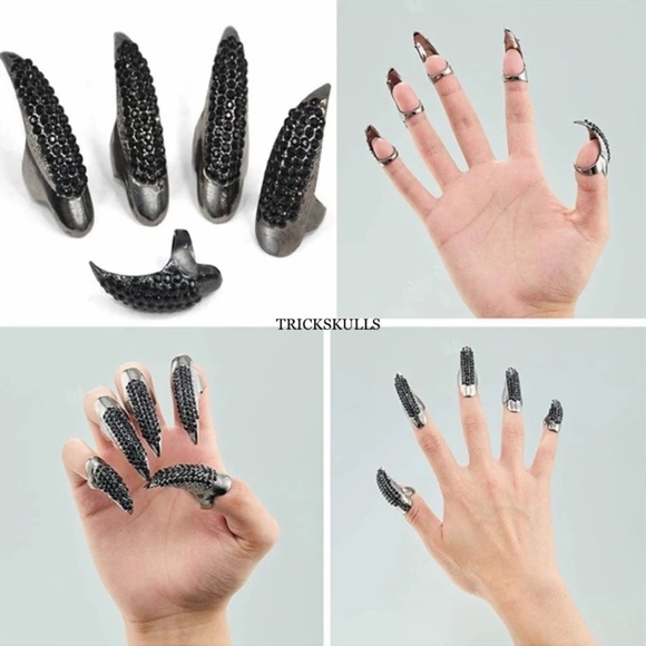 (10) Black Iced Crow Claw Fingernail Fingertip Mid Rings Nail Ring Guard Nails - Picture 2 of 7